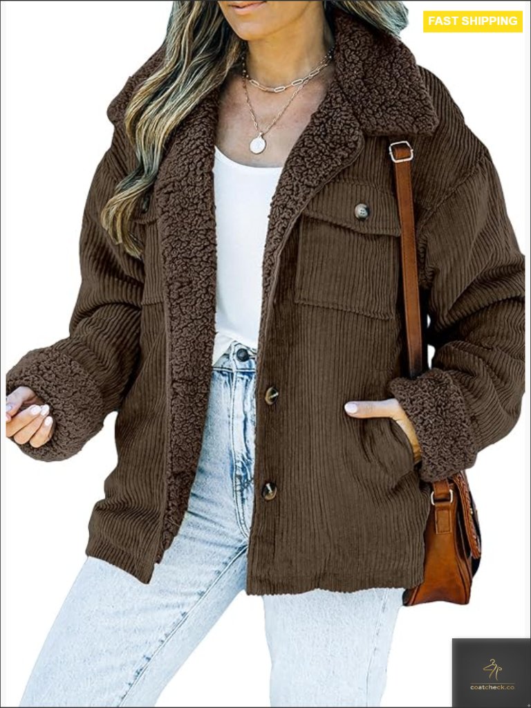 Corduroy Sherpa Jacket Button Down Fleece Lined Winter Coat
